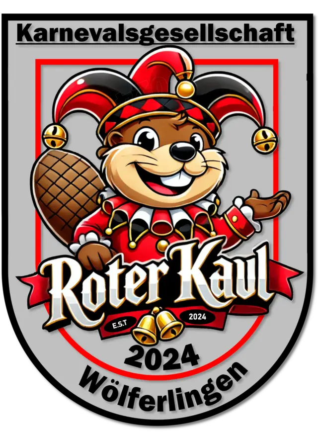 Wappen der Karnevalsgesellschaft Roter Kaul mit dem Biber als Narr, gegründet 2024 in Wölferlingen